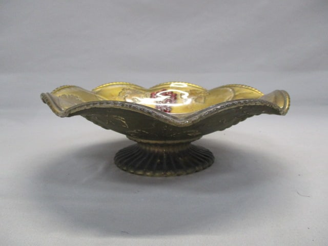 Goofus Glass Pedestal Ruffled Bowl Red Grape & Leaf Pattern - 2