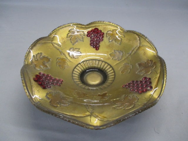 Goofus Glass Pedestal Ruffled Bowl Red Grape & Leaf Pattern - 3