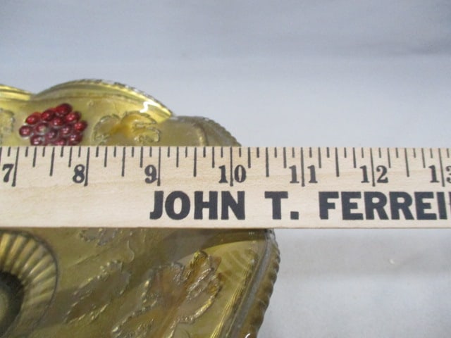 Goofus Glass Pedestal Ruffled Bowl Red Grape & Leaf Pattern - 5