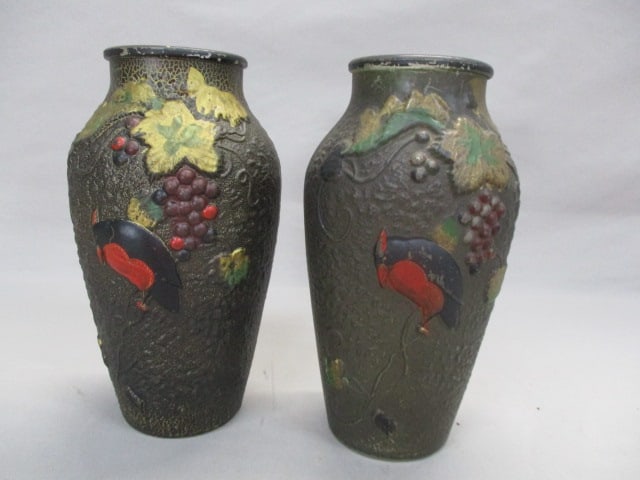 2 Goofus Glass Vases Molded Bird & Grape Design: 9.5"