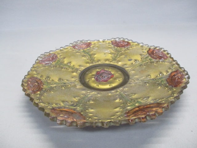 Goofus Glass Bowl w/Red Roses on Gold 10": .