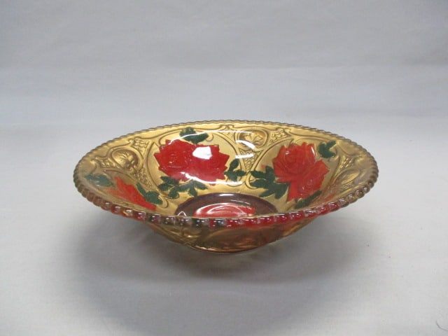Goofus Glass Bowl Red Rose Pattern 9": .