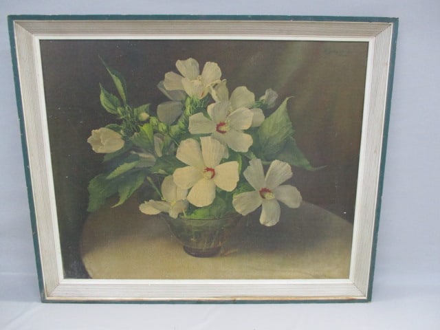 Vintage Framed "White Mallows" Signed By F Julia Bach 1945: 33.5" x 27"