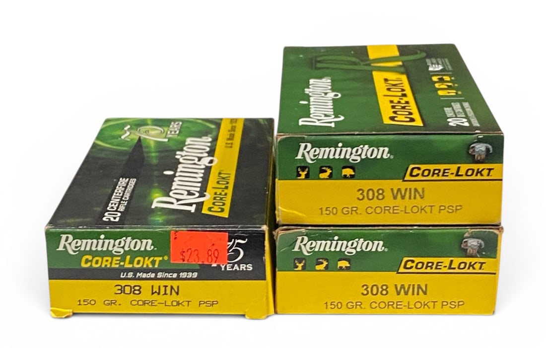 57rds. of .308 WIN. 150gr. Core-Lokt PSP Remington Ammunition: Two full, one partial. Includes what I would say is a very special 75-year anniversary box! Sweet! Perhaps you could even say this 75-year anniversary box is rare in its own way, as if you did not buy