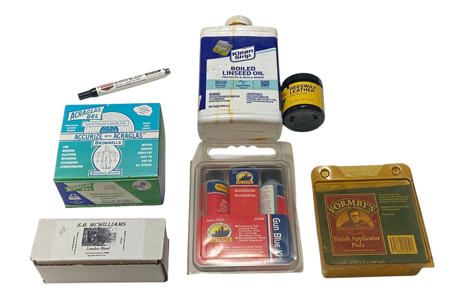 Lot of Gunsmithing & Cleaning Supplies: Boiled Linseed Oil, blue solution, beeswax leather & more