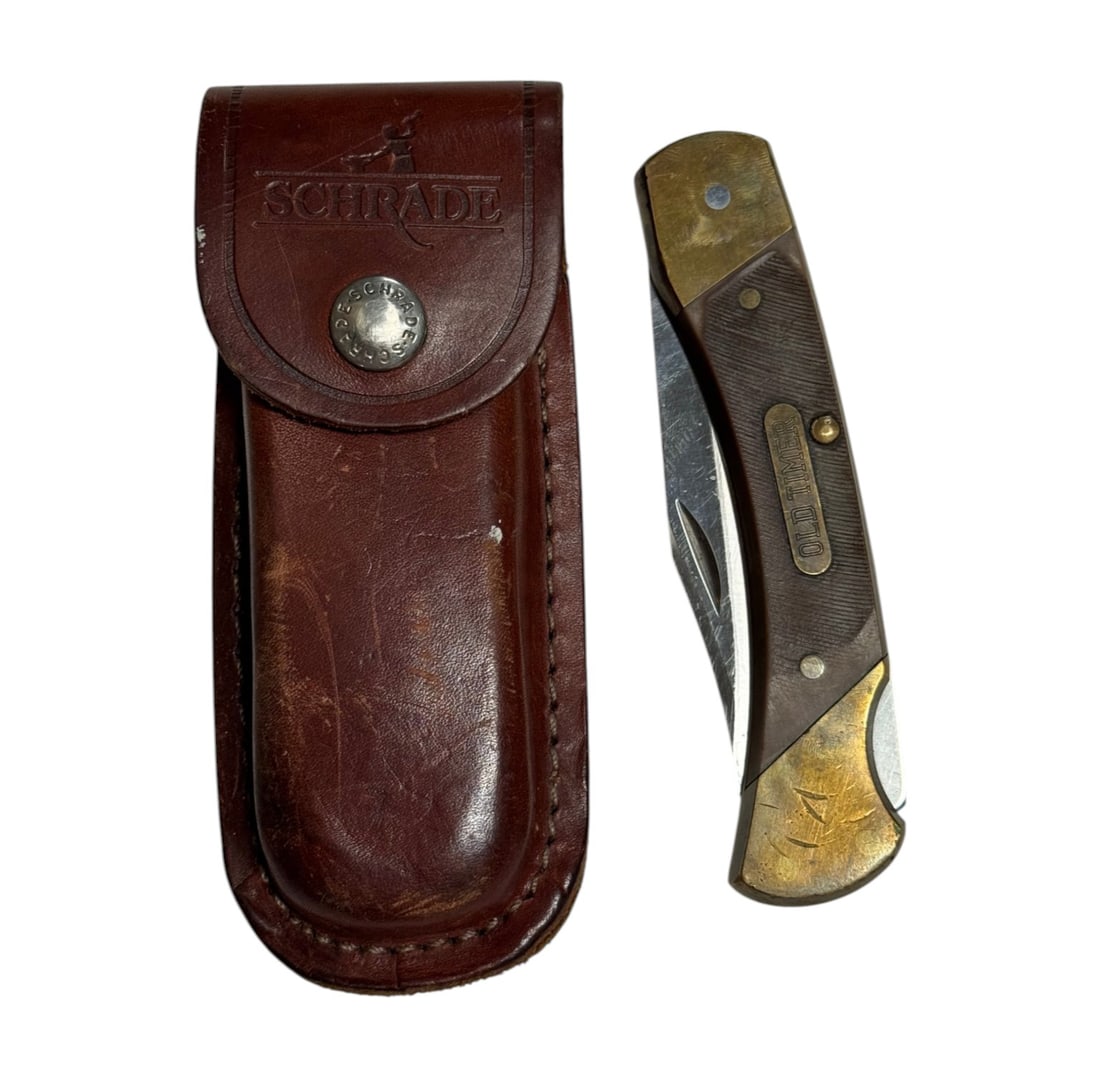 Schrade Old Timer 70T Folding Pocket Knife in Pouch: Overall good but shows some use with light scratches on blade and brass tarnishing