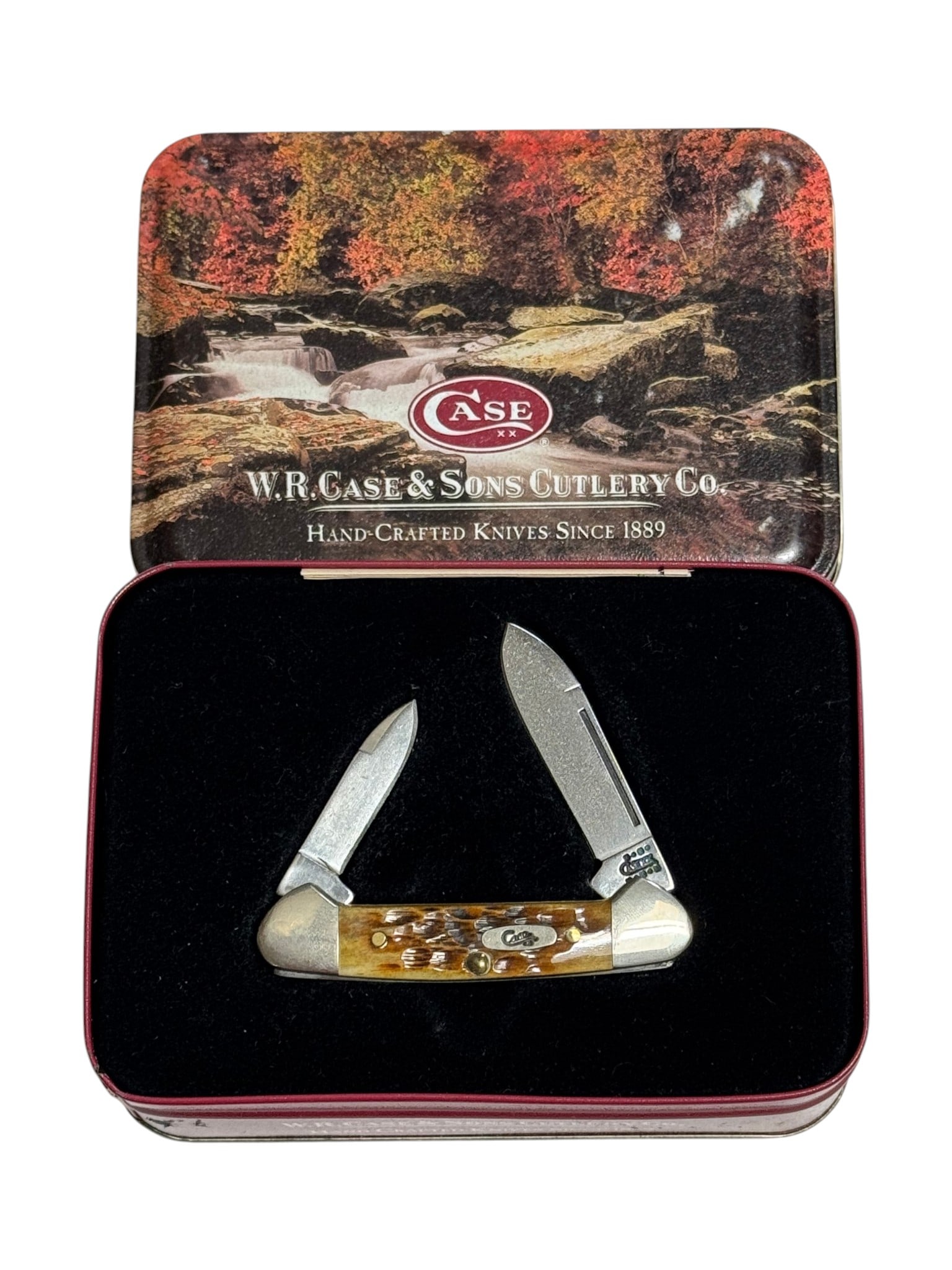 CASE XX 62132 SS 2-Blade Amber Bone Pocket Knife in Commemorative Tin: Some sort of commemorative Amber knife. Excellent, new in box condition with minor storage wear.