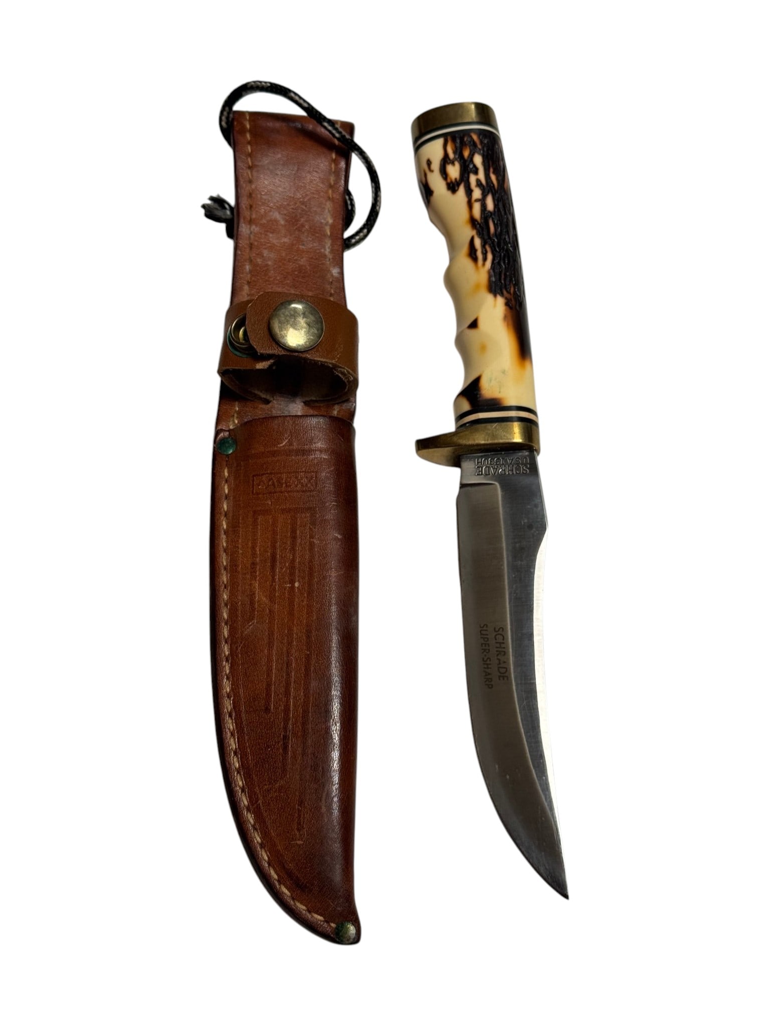 Schrade 153UH Super-Sharp Fixed Blade Knife with CASE XX Leather Sheathe : Overall very good condition with nice blade and minor signs of sharpening. Nice brass guards. Good horn? grip. Blade measures 5” and overall length is 9.25”.