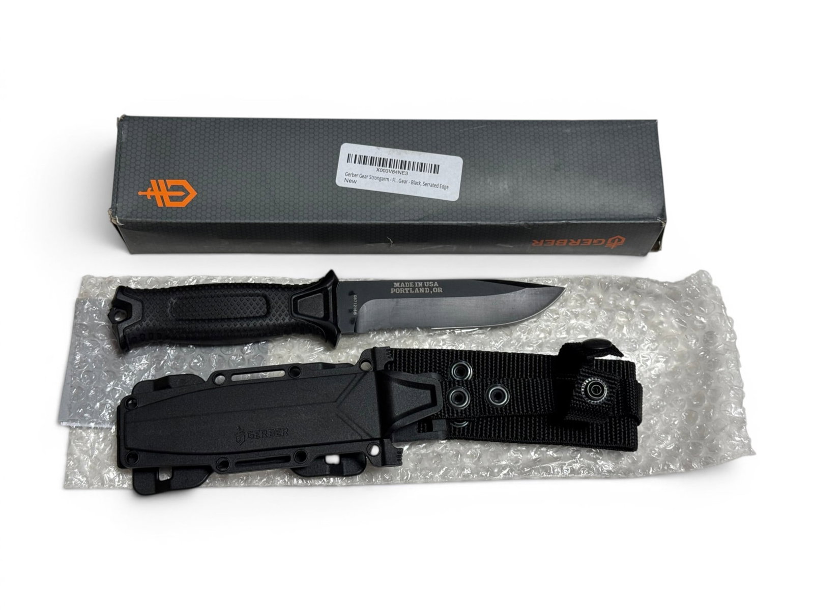 NIB Gerber 0871216B Gear Strongarm Fi Gear, black, Serrated Fixed blade tactical knife with scabb...: See Photos