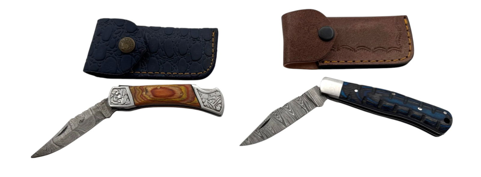 (2) Handmade Damascus Folding Pocket Knives w/ Leather Pouches: See Photo(s).