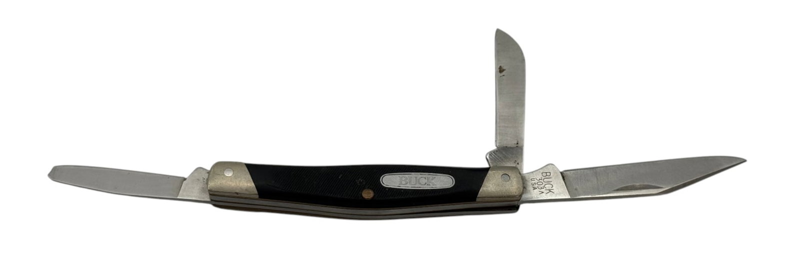 BUCK 303A Folding 3-Blade Pocket Knife: Good, used condition. One of the blades has a small chip on tip. Has a J scratched into the reverse side.