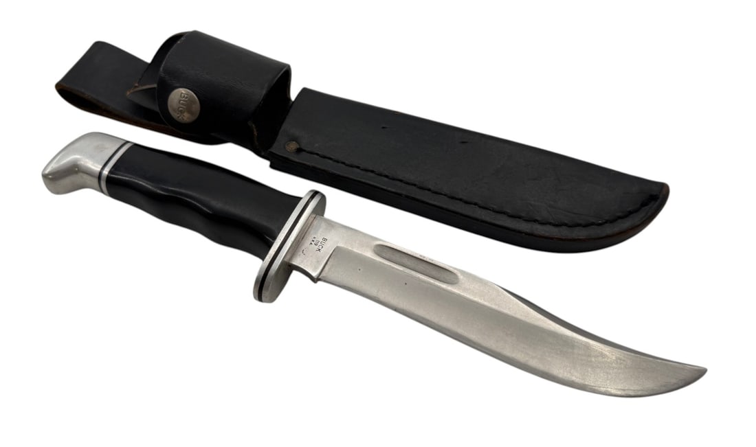 BUCK 119 Fixed Blade Knife with Matching Leather Sheath: 6” Blade; 10.5” Overall length. Very good condition with sharpening lines on edge of blade.