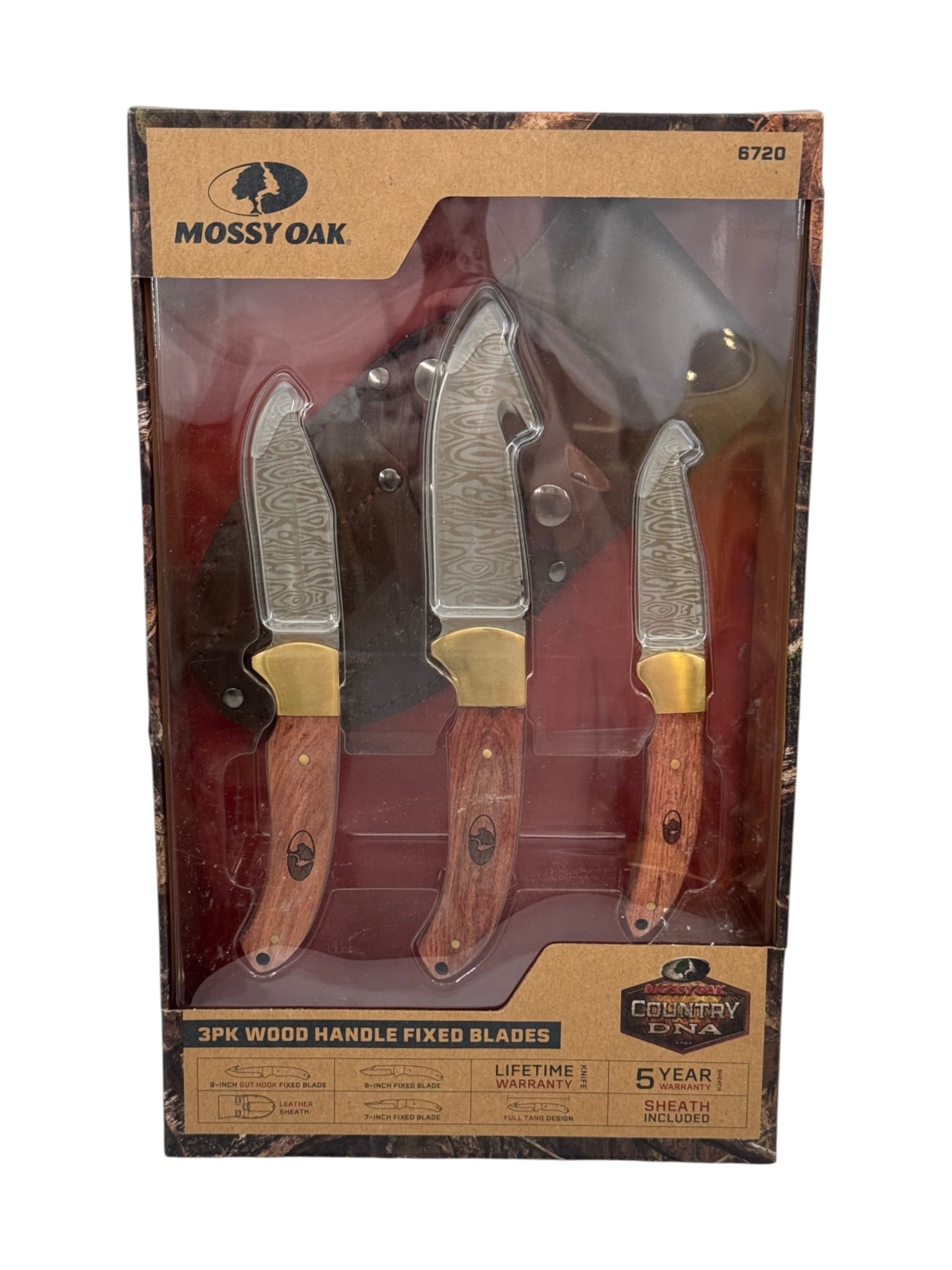 NIB Mossy Oak Country DNA 3Pack Wood Handle Fixed Blade Knives w/ Sheath (1 of 2)