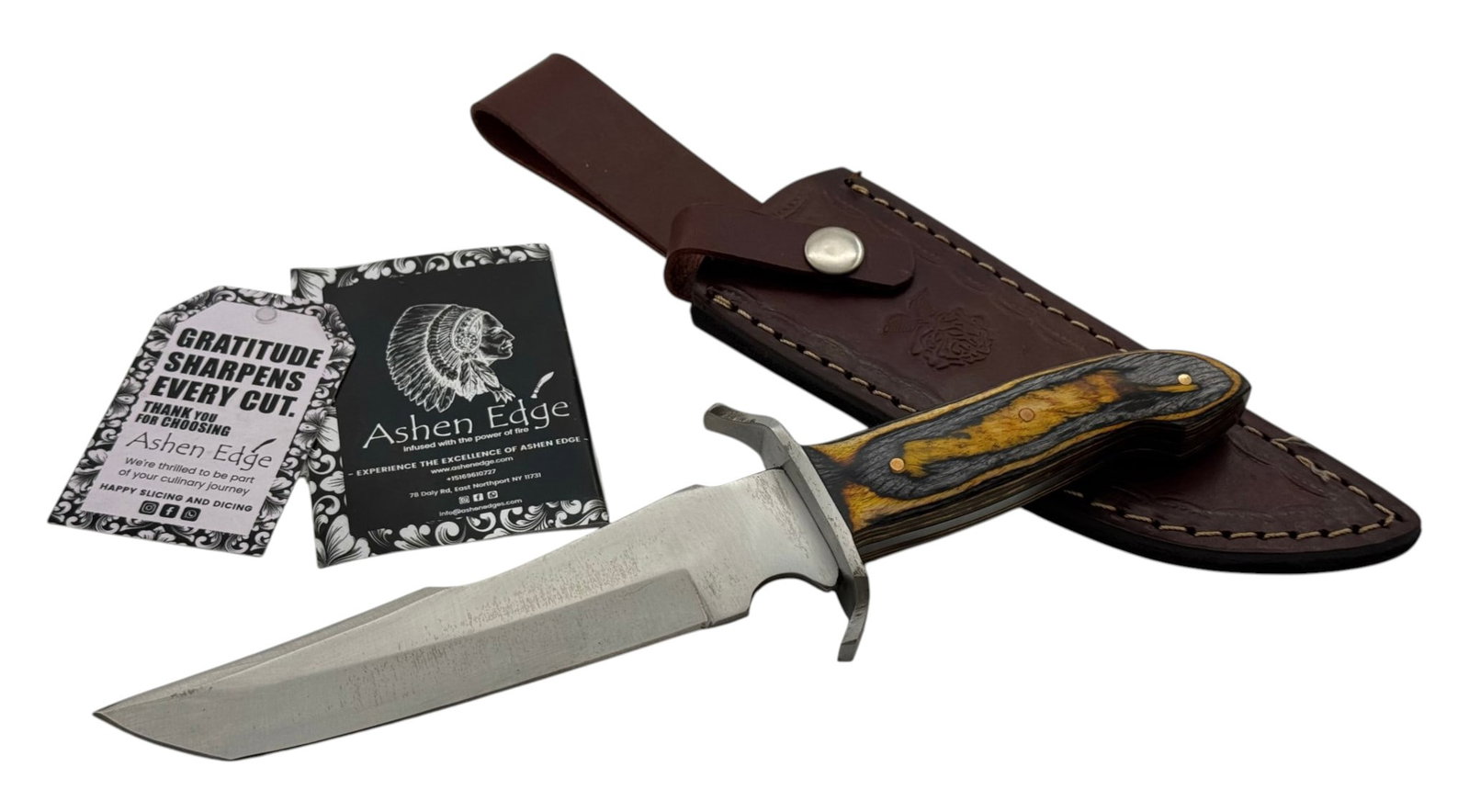 Ashen Edge Fixed Blade Knife with Leather Sheath: 10.25” overall length, 6” Blade