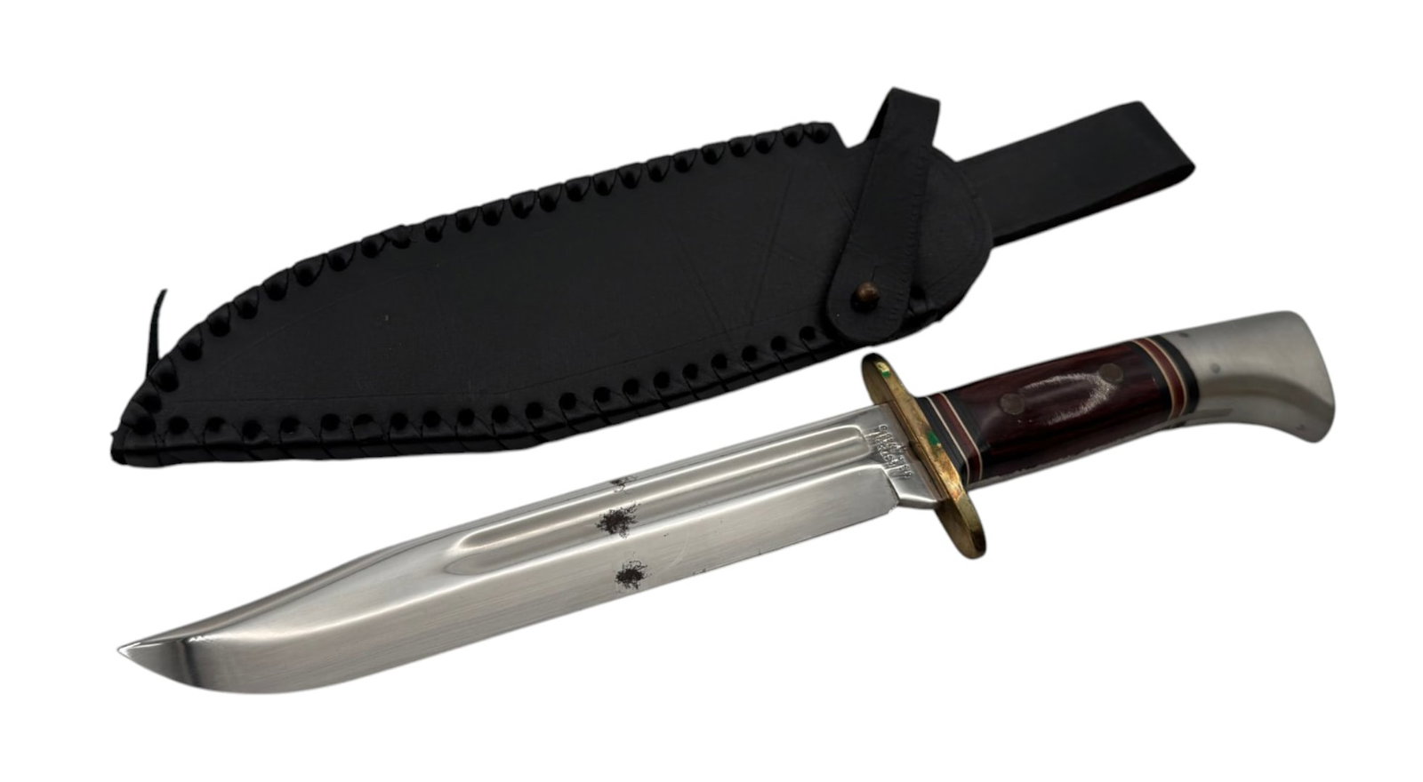 Excellent Western W46-8 “H” Fixed Blade Knife with Leather Sheathe: 8” blade, 13” overall length. Just a few minor spots of rust on nice blade.