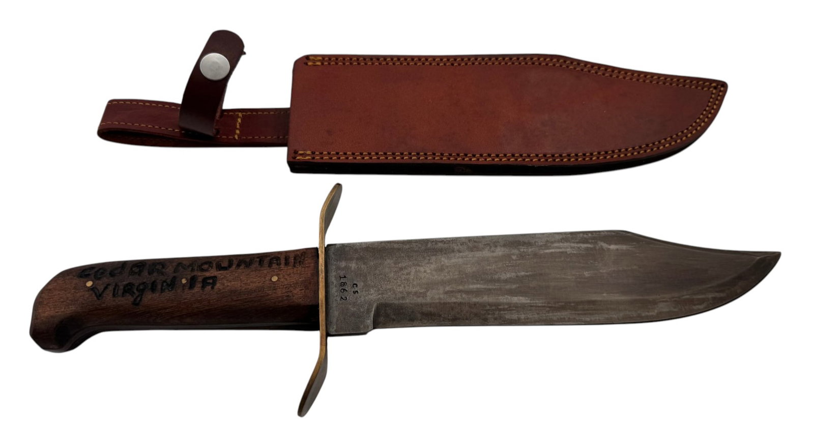Cedar Mountain Virginia CS 1862 Marked Fixed Blade Bowie Knife: Grip is marked “Cedar Mountain Virginia” on one side and “Battle 9-9-1862”. Blade is marked CS/1862. Blade measures 10” and overall length of 15”. Buyer be your own