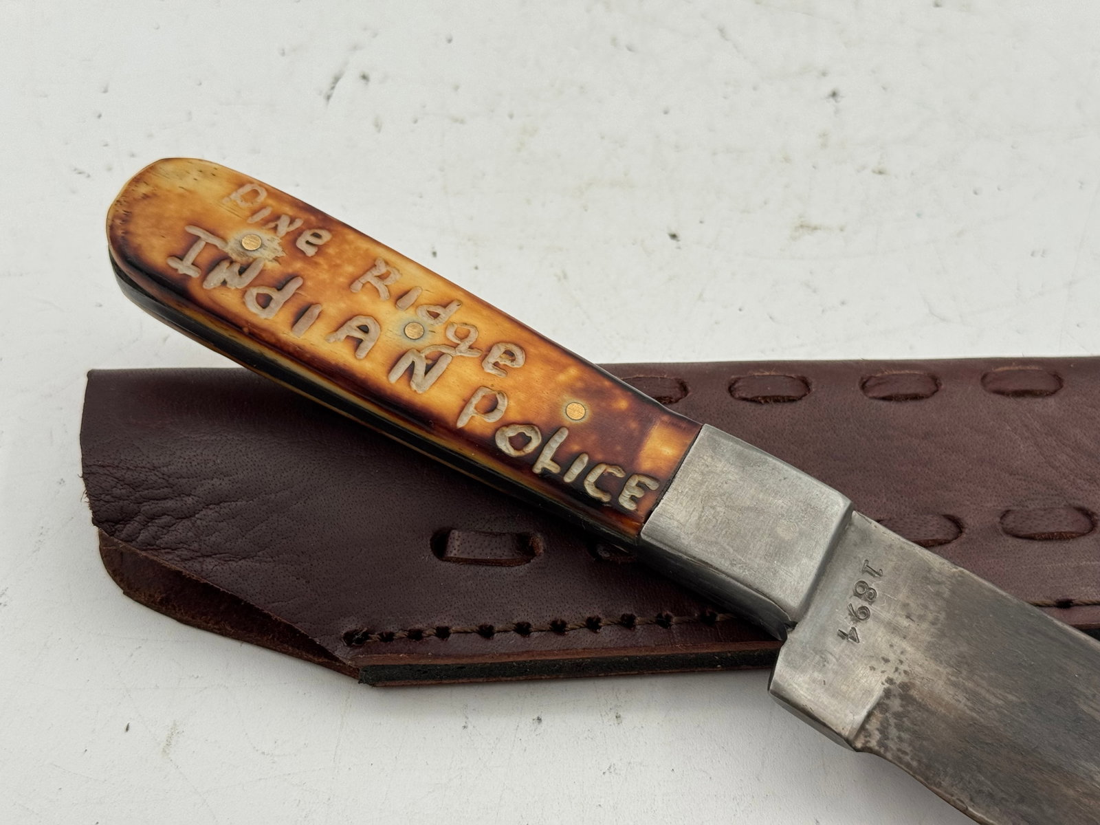 Pine Ridge Indian Police 1891 Marked Fixed Blade Knife with leather sheathe - 2