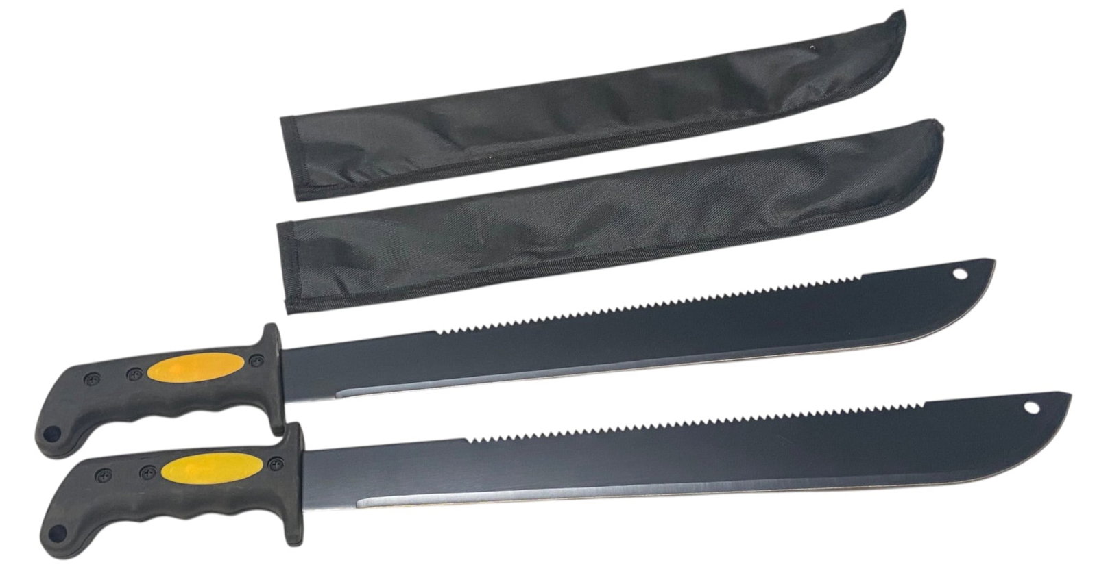 (2) New 18” Survival Machetes with Sheathes: 18” Blade X 23.5” overall length. Nice rubber grip. Both come with sheathes.
