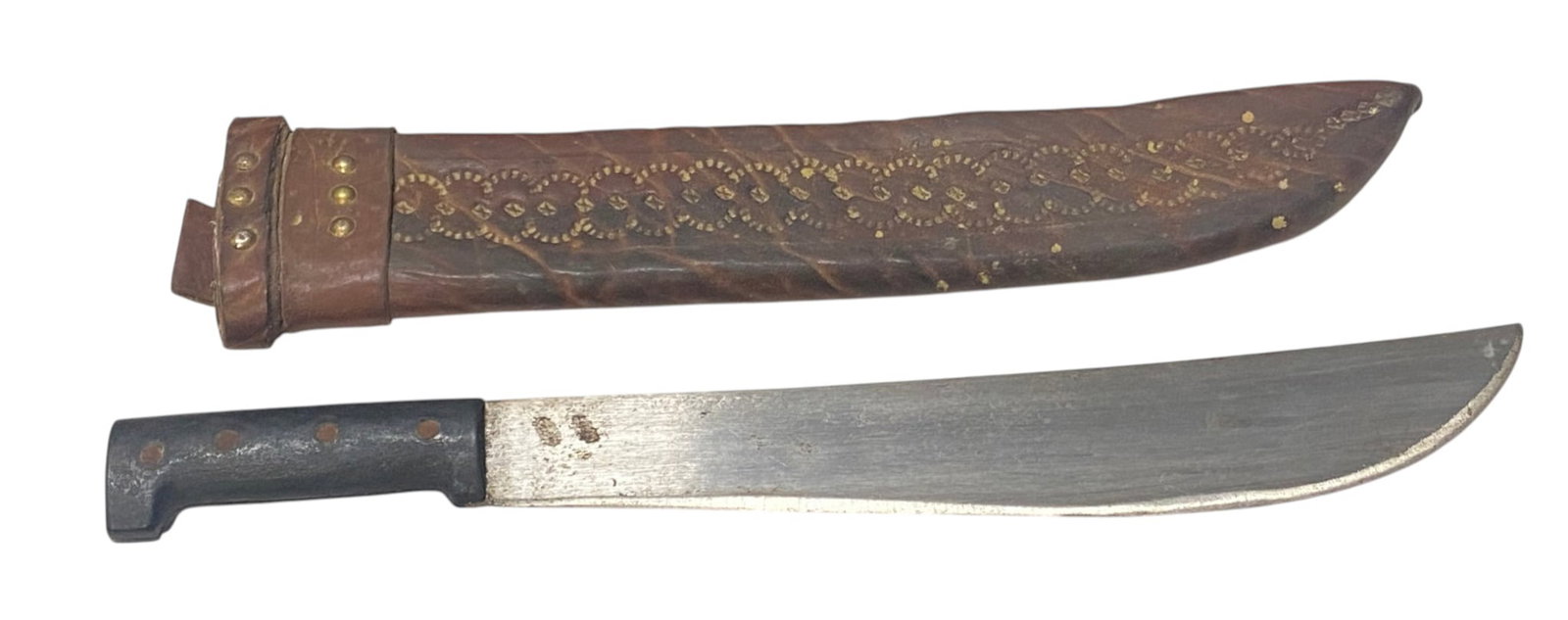 Promedoca La Vega- Dominican Republic Jungle Machete w/ Leather Scabbard: 14” blade and 18.5” overall length. Nice 17” leather scabbard. See photos.