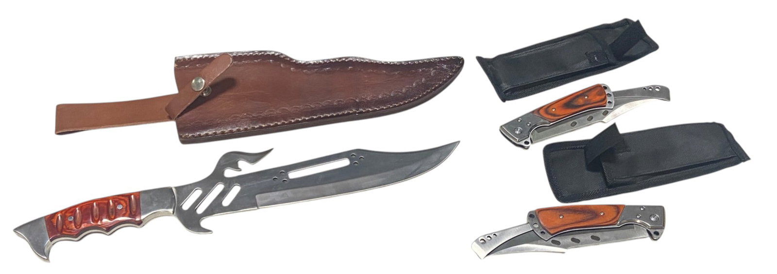 (3) Unique Fantasy Knives: (2) Cool Folding Knives in pouches with blades that measure 6” and one very cool fixed blade knife with intricate design. The blade measures 11” and comes with a leather scabbard. All are 