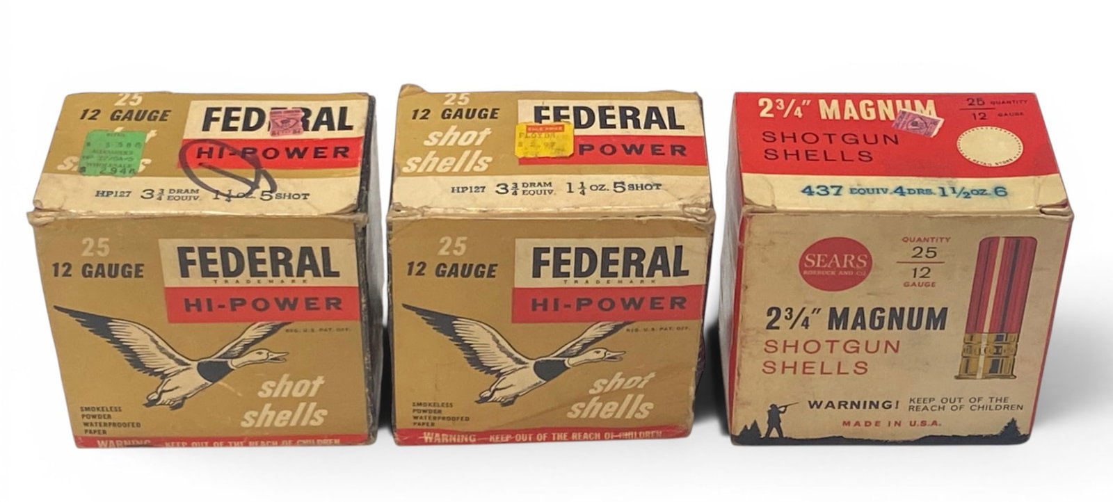 Vintage NIB 72rds. Of 12 GA. Shotgun Ammunition: See photos. Full box of Sears 2-3/4” Magnum, full box of Federal Hi-Power and one partial 22rd. box of Federal Hi-Power