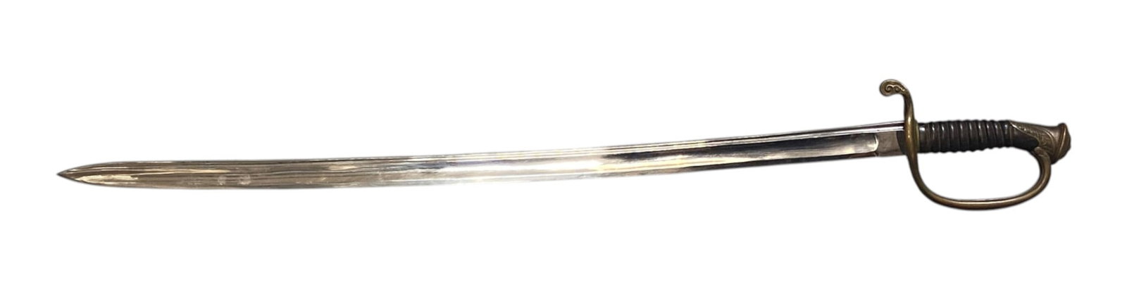 French Produced Field Officer’s Sword: Just going off what the tag says. Be your own judge here. Wire wrapped grip. Brass hilt. 30.5” Polished or nickel plated blade and 36.25” overall length. Looks to be in very good condition