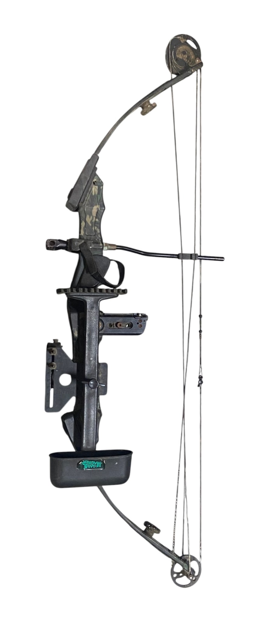 PSE One CZM Impact Compound Bow: Looks like a good one but does show some rust on metal parts. 40” from rear tip to tip and 16” from front tip to tip. Adjustment markings are faded. The target arrows have some aged