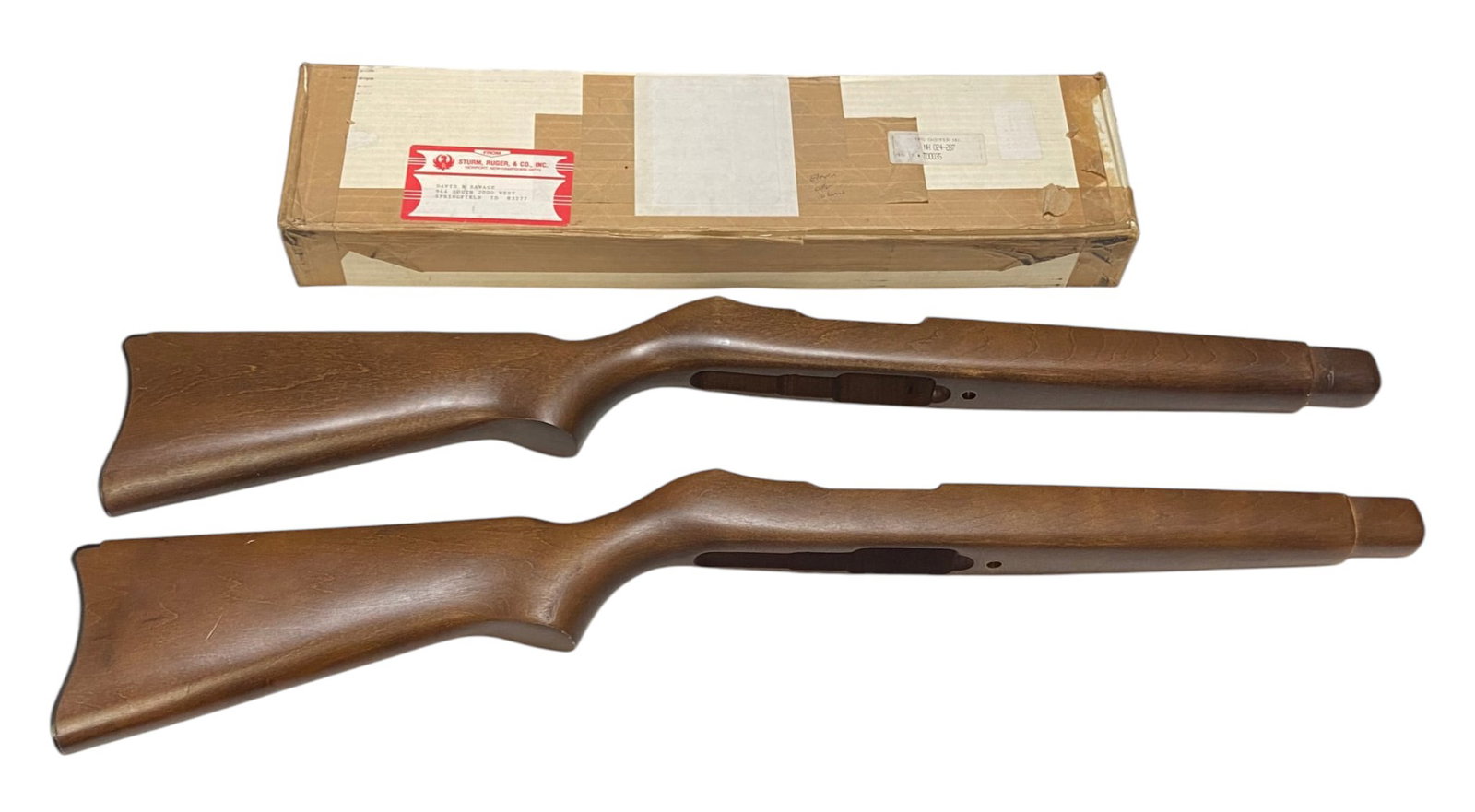 Ruger 10/22 Parts and (2) Wooden Stocks and Barrel: Parts include factory barrel and bolt. Both stocks approximately 29.5”