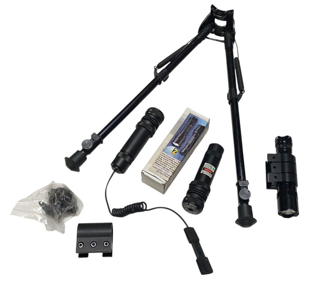 AR-15 Accessories: Harris 1A2 Ultra Light Bipod, (2) Flashlight mount, flashlight in Mount with box, (2) laser sight module