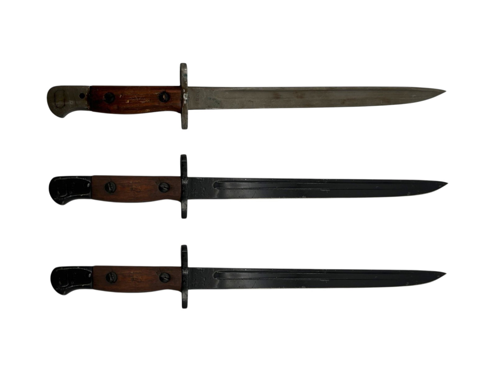 (2) WWII British No.1 Mk 2 & (1) Mk.1 Bayonets: (1) Possible Re-Blued (See Photos) | 11.25” blade | 16.5” overall | (2) 12.5” blade | 17” overall | (3) 12” Blade | 16” Overall