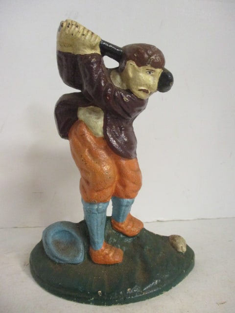 Handpainted Cast Metal Vintage Man Golfer Door Stop: 7 1/2"h, some paint chips