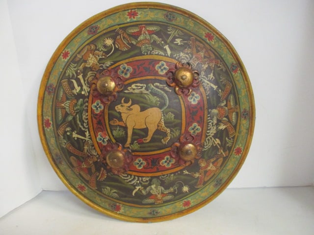 Vintage Handpainted Metal Heraldic Mythical Creature Art Shield: 15 3/4"dia, has leather cushion and straps on back, with gold tone embellishments