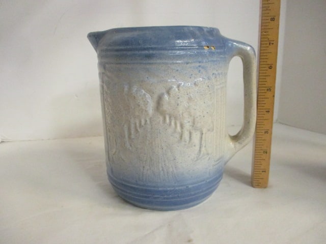 Vintage Salt Glaze Stoneware Pitcher with Tree Line Road in Relief - 8