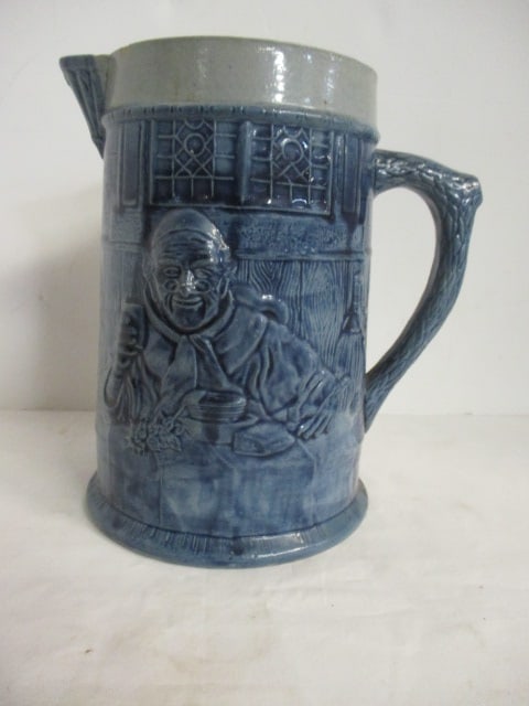 Vintage Salt Glaze Stoneware Pitcher with Tavern Scene in Relief: 8 3/4"h, few chips on rim and spout