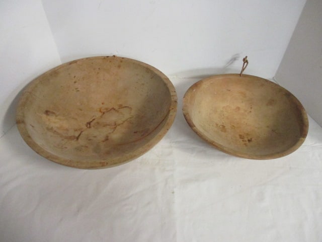 Two Vintage Wood Dough Bowls: 11" x 10 1/4" x 3", 13 1/2" x 12 3/4" x 4", both have some splits and age/use wear-see pictures and preview