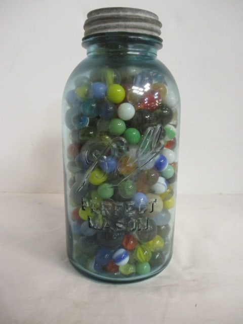 Old Blue Ball Perfect Mason Half Gallon Jar with Zinc Lid FULL of Old Marbles (1 of 11)