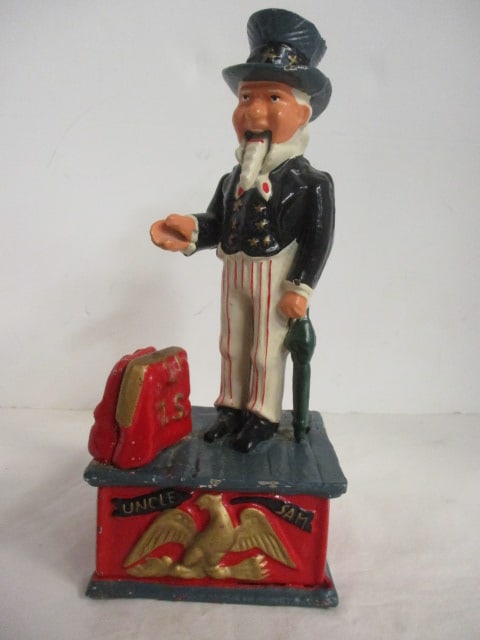 Handpainted Cast Metal "Uncle Sam" Mechanical Coin Bank: 10 1/2"h