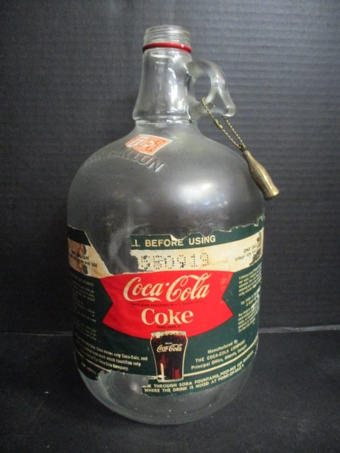 Old 1 Gallon Coca-Cola Syrup Jug with Brass Coke Bottle Key Chain: 12"h, some age wear to label