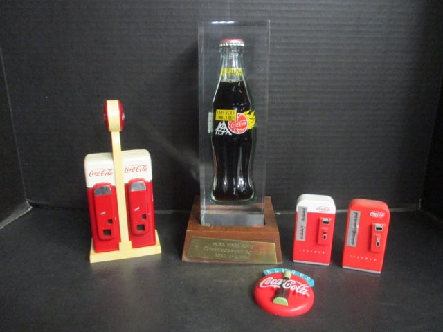 Coca-Cola Drink Machine Form Shakers, Refrigerator Magnets and 1994 NCAA: Basketball Championship Commemorative Bottle in Lucite with Wood Stand
