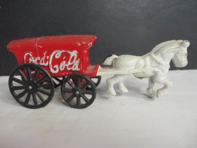 Handpainted Cast Metal Horse Drawn Coca-Cola Delivery Wagon: 7 1/2" long, being held together with fishing line