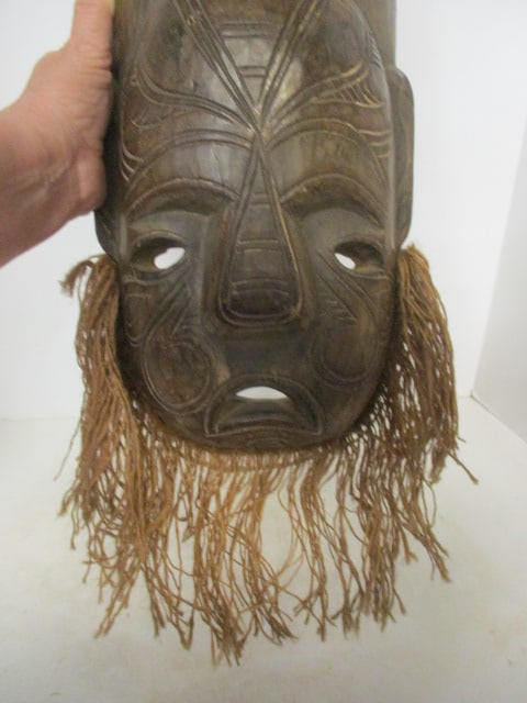 Vintage Hand Carved Wood Tribal Mask with Natural Fiber Embellishments - 2