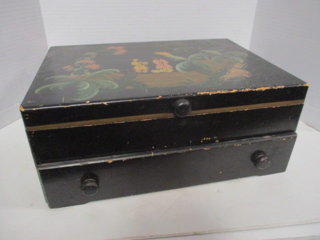 Handpainted Chinoiserie Style Flatware Chest with Drawer: 15 3/4" x 11 1/2" x 6 1/2"h, some paint flaking-see pictures and preview