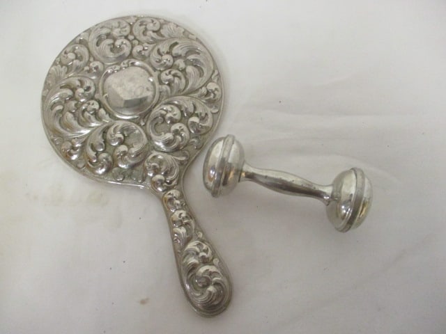 Pewter Baby Rattle and Silverplate Hand Mirror (1 of 10)
