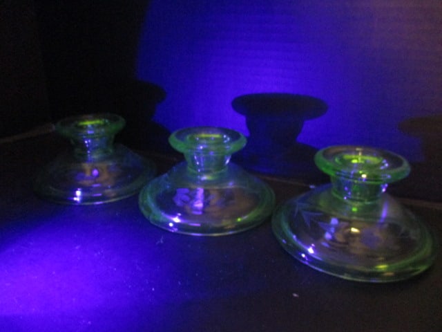 Three Vintage Green Uranium/Vaseline Glass Etched Candle Holders (1 of 6)