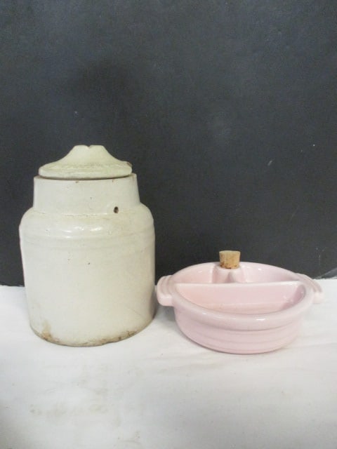 Vintage Stoneware Crock with Lid and Pink US Pottery Child's Divided Water Warmed Plate (1 of 15)