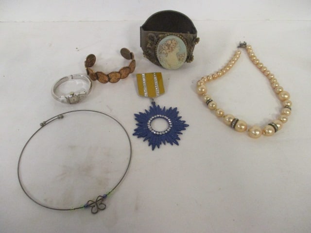 Vintage Baylor Ladies Watch, Copper Penny Cuff Bracelet, Cameo Style Cuff Bracelet,: Fashion Broach and Faux Pearl Necklace