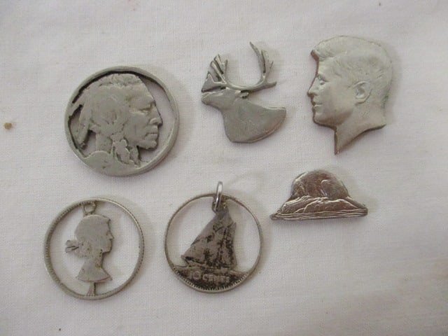 Pendants and Charms Made from Old Coins: Possibly silver coins-see pictures and preview to make determination of age
