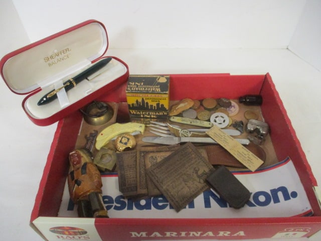 Masculine Oddities- Sheaffer Ballpoint Pen, Tokens and Rounds, Boy Scouts of America: Neck Slide, Pocket Knives, Carved Indian Chief, etc.