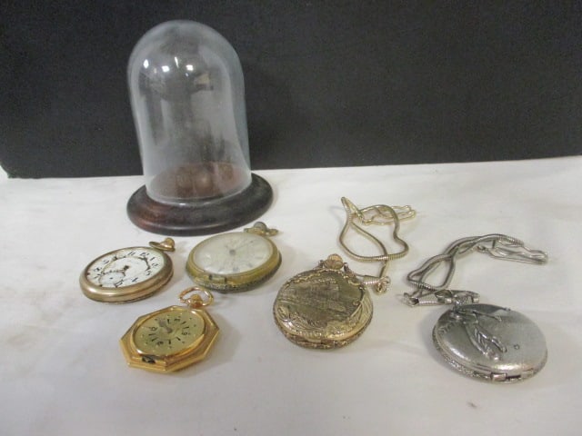 Five Pocket Watches and Cloche Dome: Watches not working for parts-see pictures and preview for styles and condition