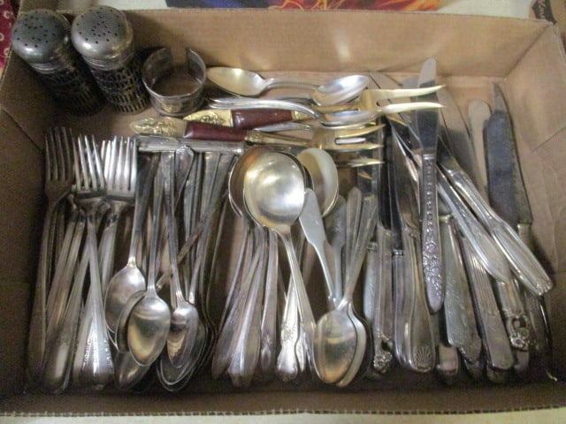 Silverplated Flatware and Pair of Shakers with Cobalt Blue Liners: .